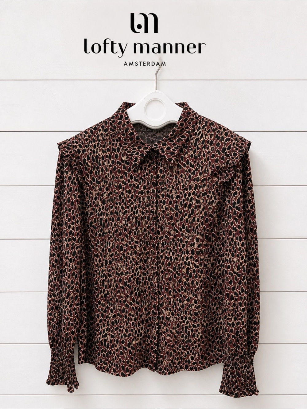 LOFTY MANNER Leopard Print Blouse – Burgundy & Black Ruffle Detail – Size XL